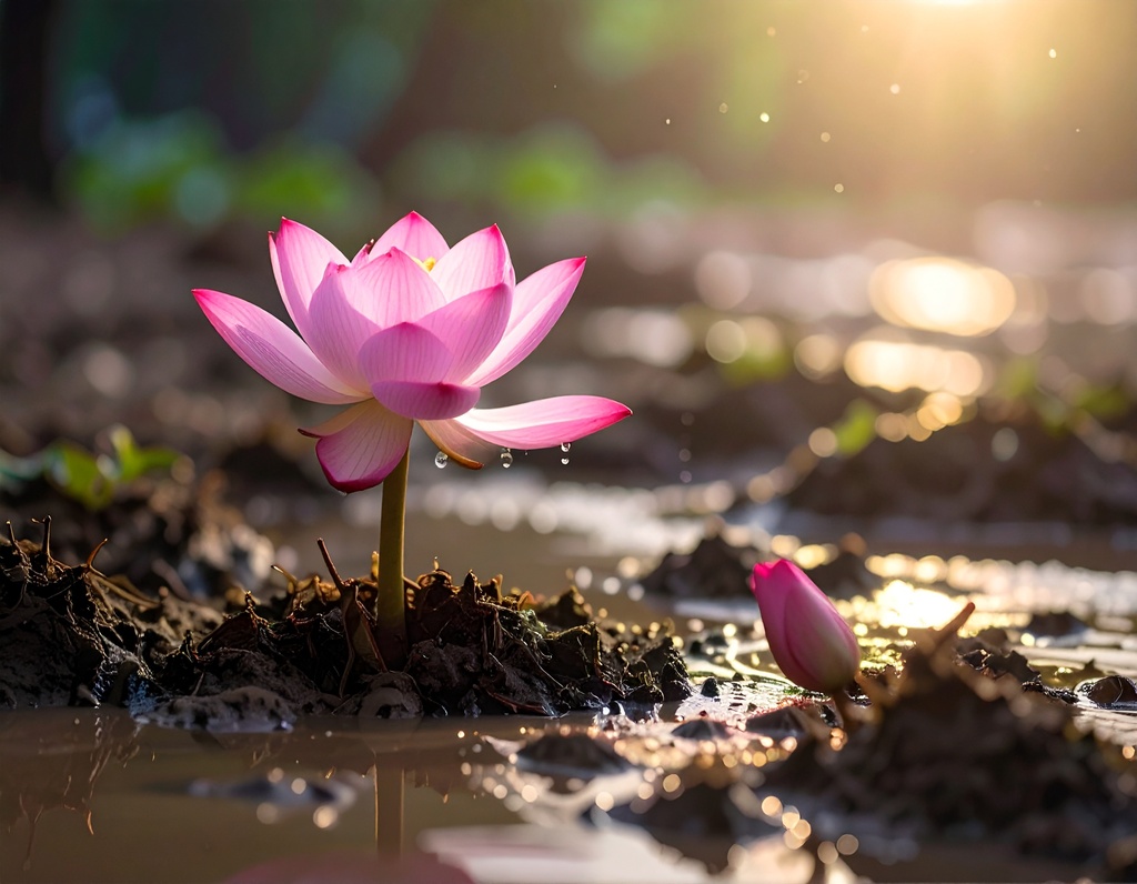 Images shows the symbolism of a lotus flower growing out of mud
