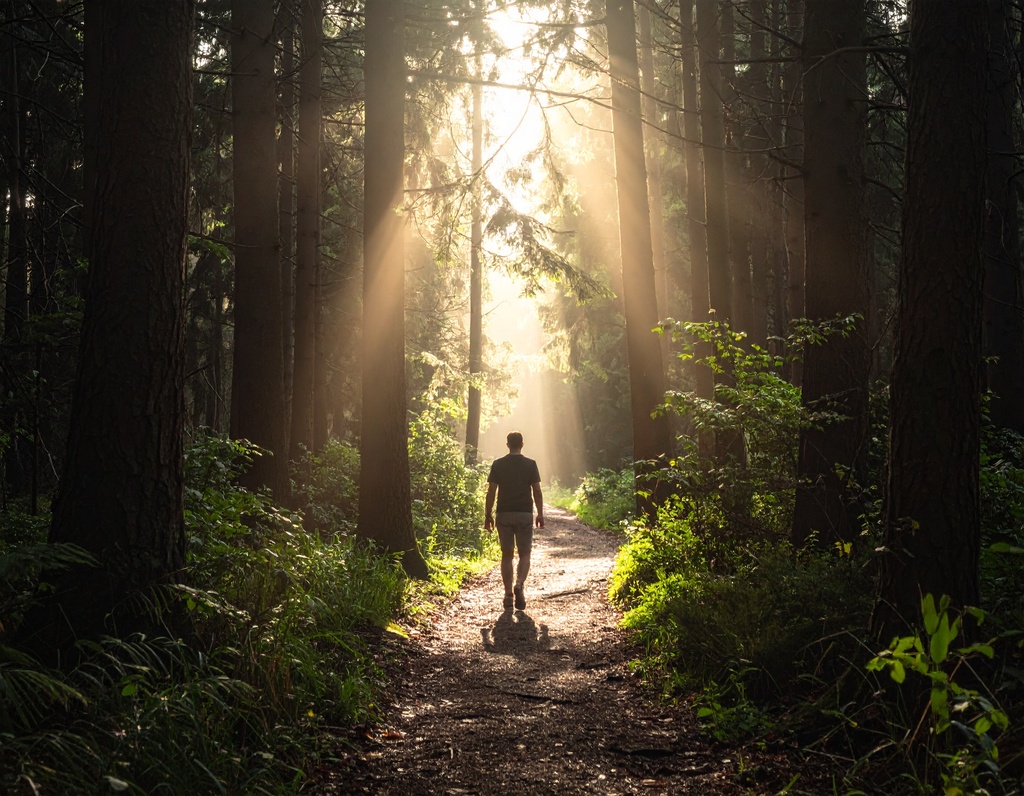Supported by grief counselling, image shows a man on a twisted path in dense forest, walking towards the light at the end