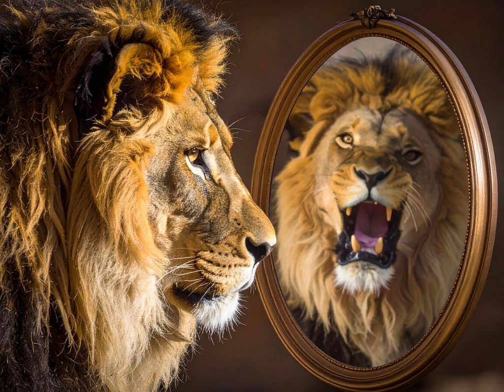 Image shows a lion looking in a mirror and his reflection is roaring back