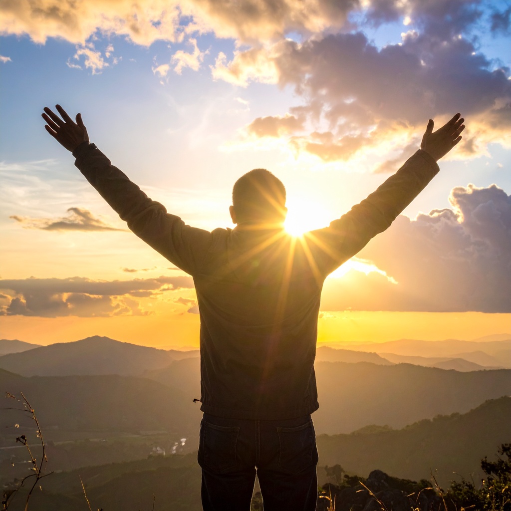 Images of a man standing on the top of a mountain with arms raised embracing the beautiful sunrise