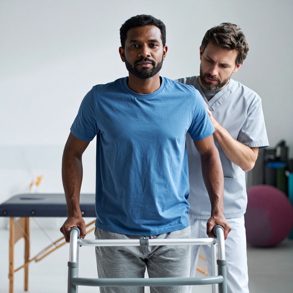 Image shows a man being helped to walk again